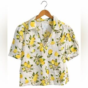 🍋 Cynthia Rowley Lemon Print Cottagecore Button Down Linen Shirt Preppy Summer S